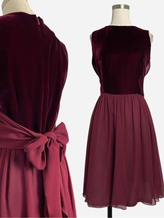 Vintage Dresses & Skirts - Vintage Y2K Elizabeth Wayman burgundy velvet silk bow mini dress whimsigoth S/M